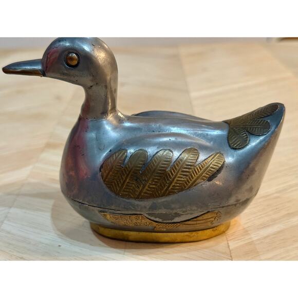 Vintage Brass & Pewter Duck Figure Trinket Box, Men’s Dresser Box - Picture 9 of 9